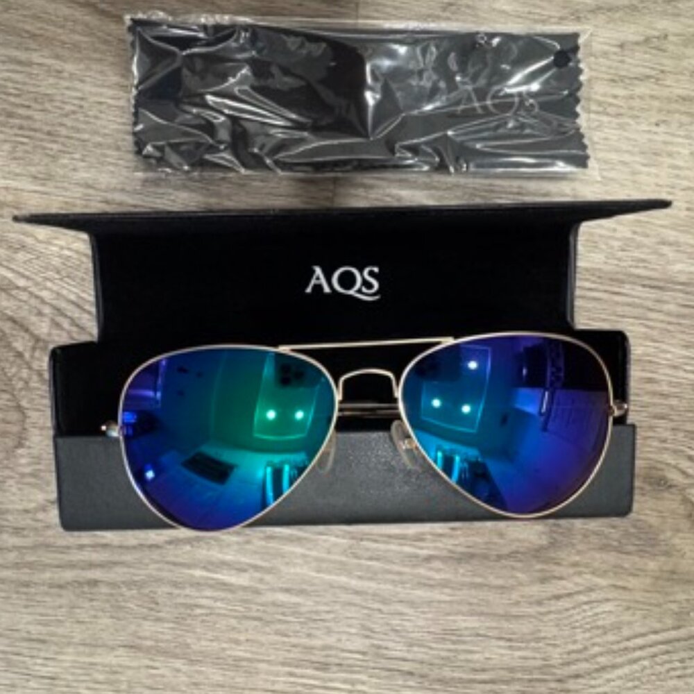 AQS Aviator Sunglasses Blue/Green lenses w Gold Rim - Picture 2 of 9